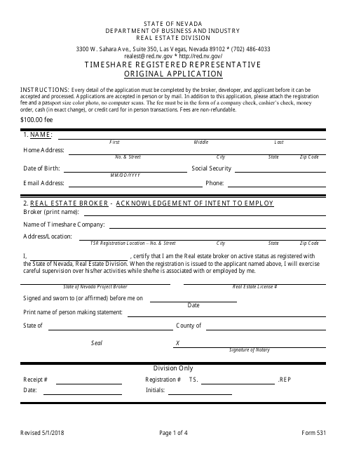 Form 531 Timeshare Registered Representative Original Application - Nevada