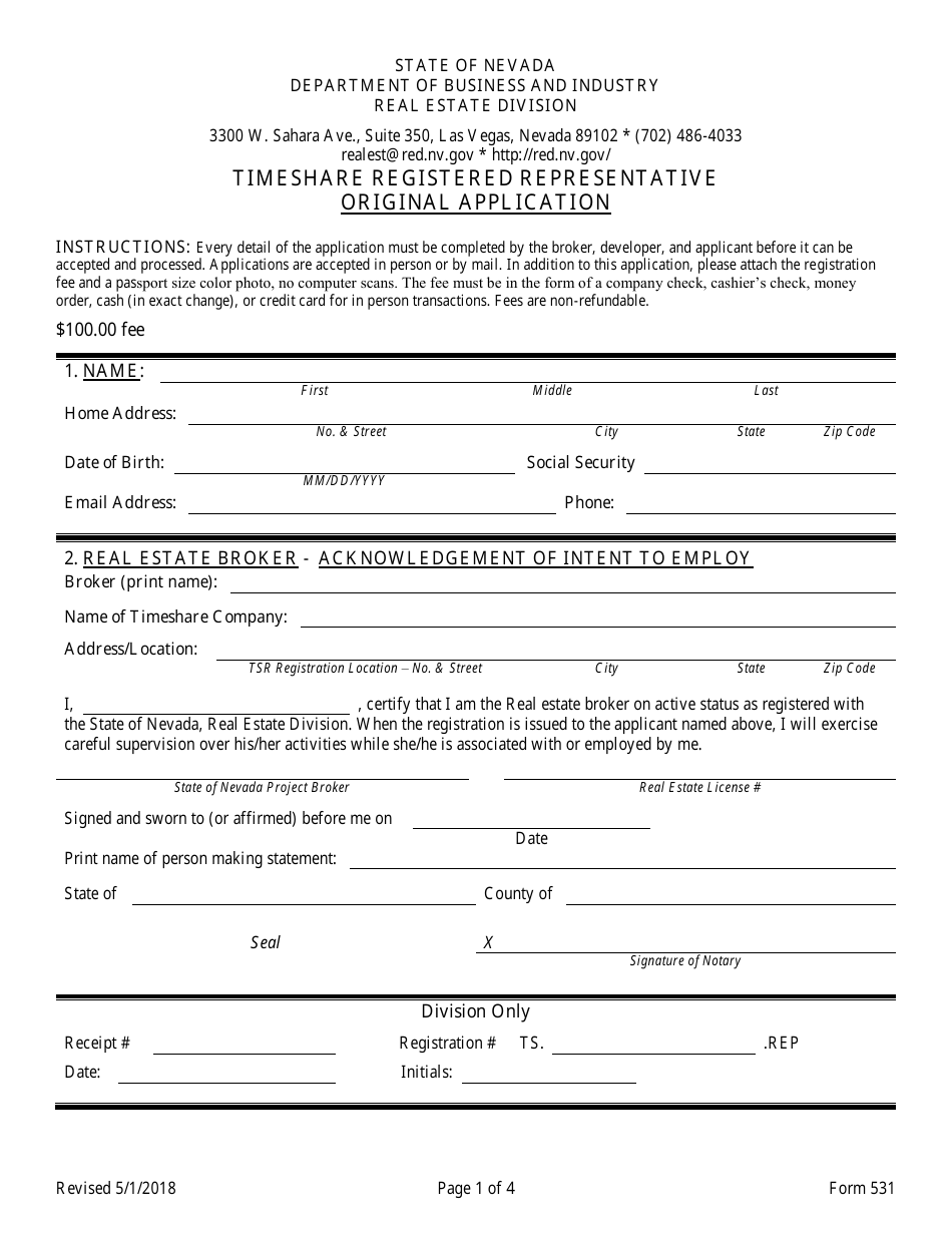Form 531 Timeshare Registered Representative Original Application - Nevada, Page 1