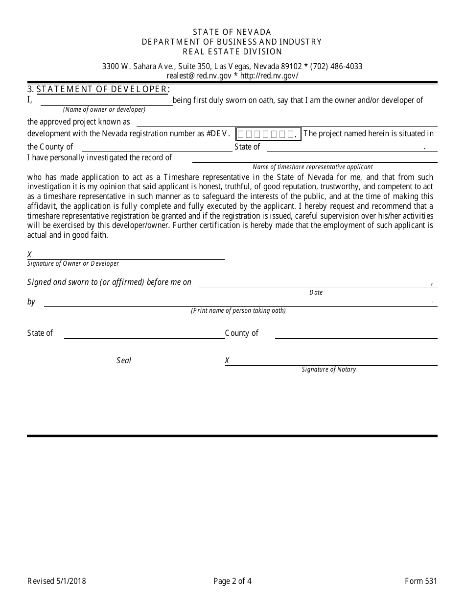 Form 531 Timeshare Registered Representative Original Application - Nevada, Page 2
