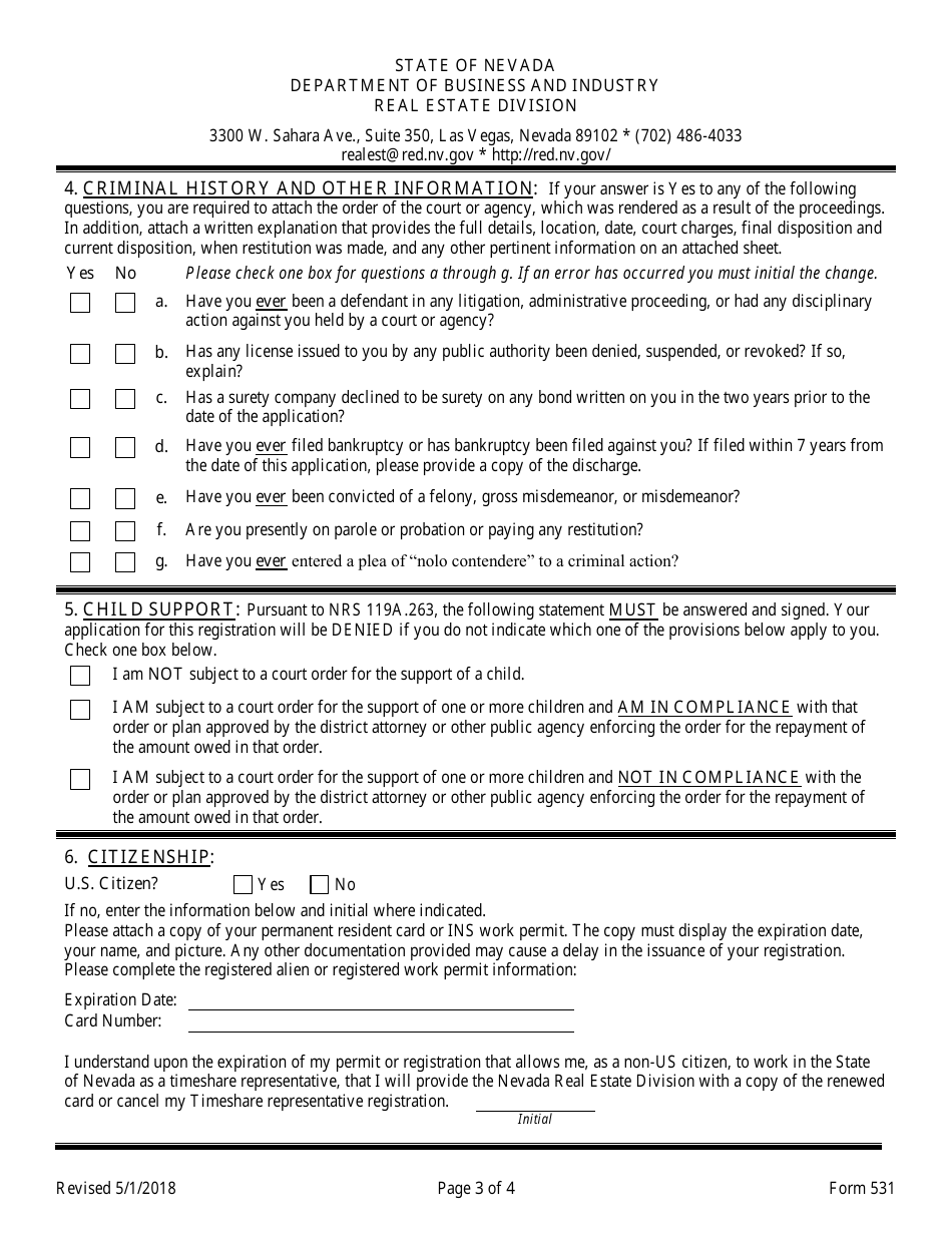 Form 531 Timeshare Registered Representative Original Application - Nevada, Page 3