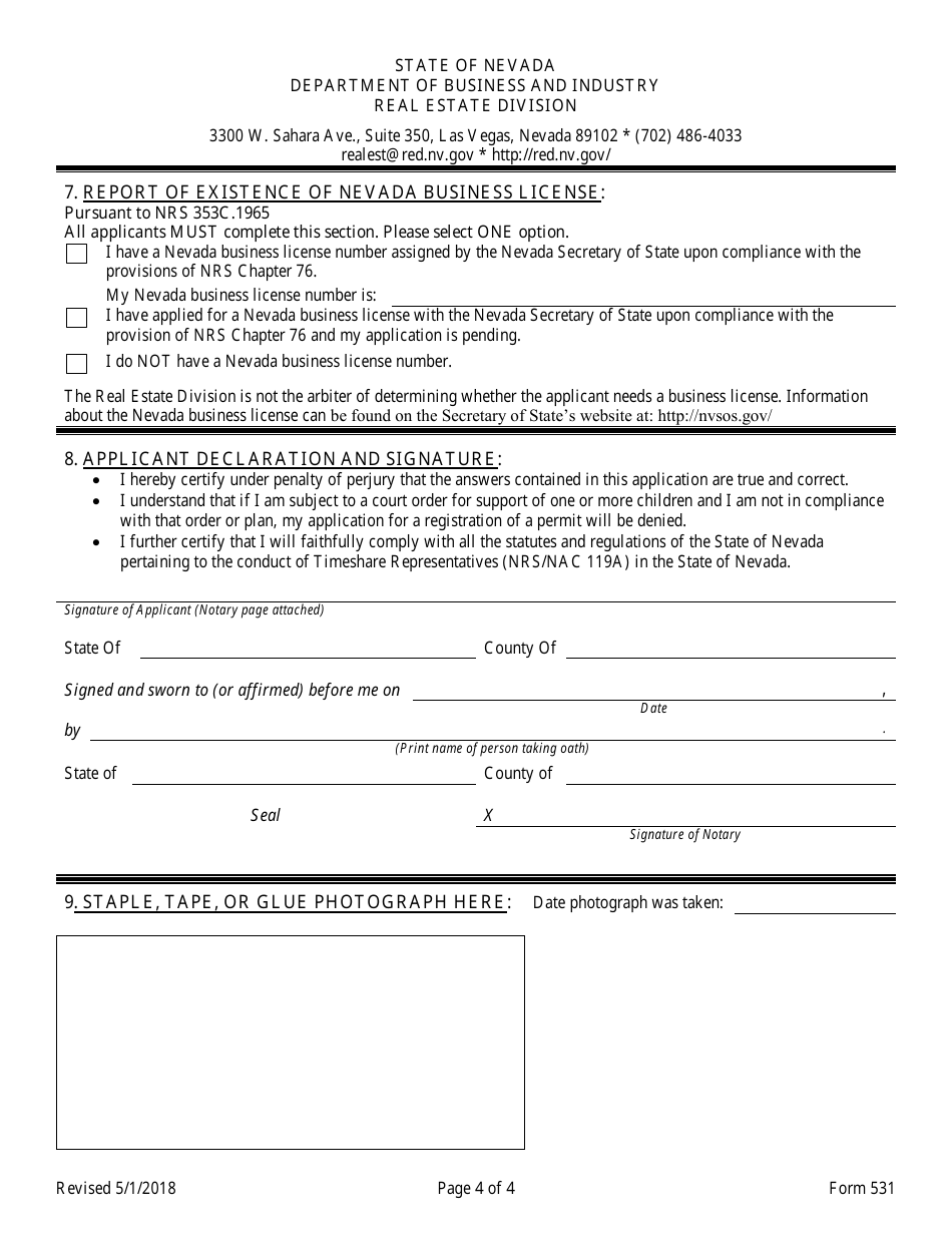 Form 531 Timeshare Registered Representative Original Application - Nevada, Page 4