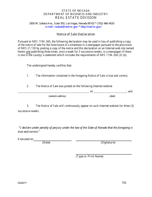 Form 750 Notice of Sale Declaration - Nevada