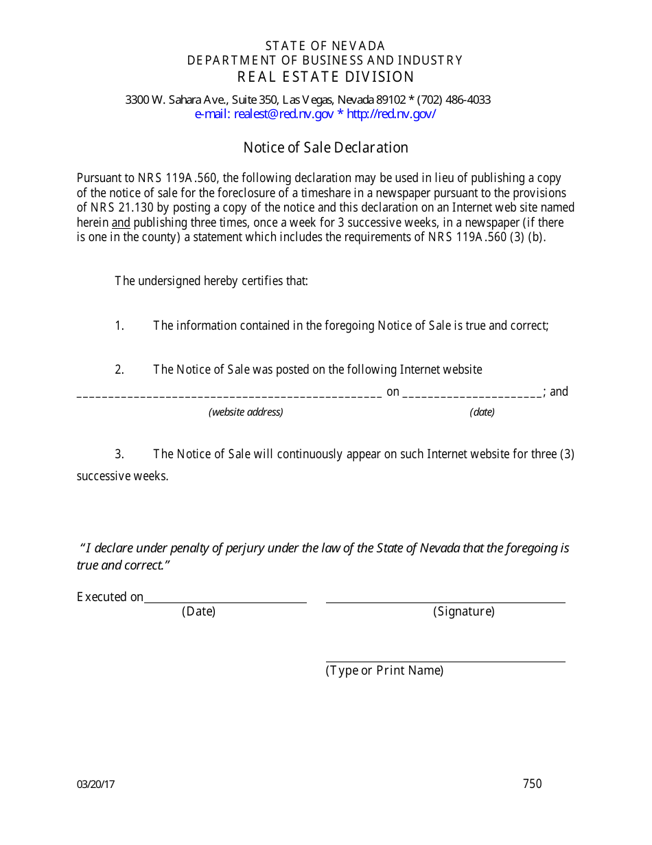 Form 750 Notice of Sale Declaration - Nevada, Page 1