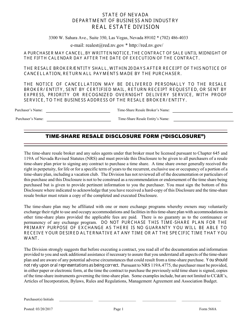 Form 568A Time-Share Resale Disclosure Form - Nevada, Page 1