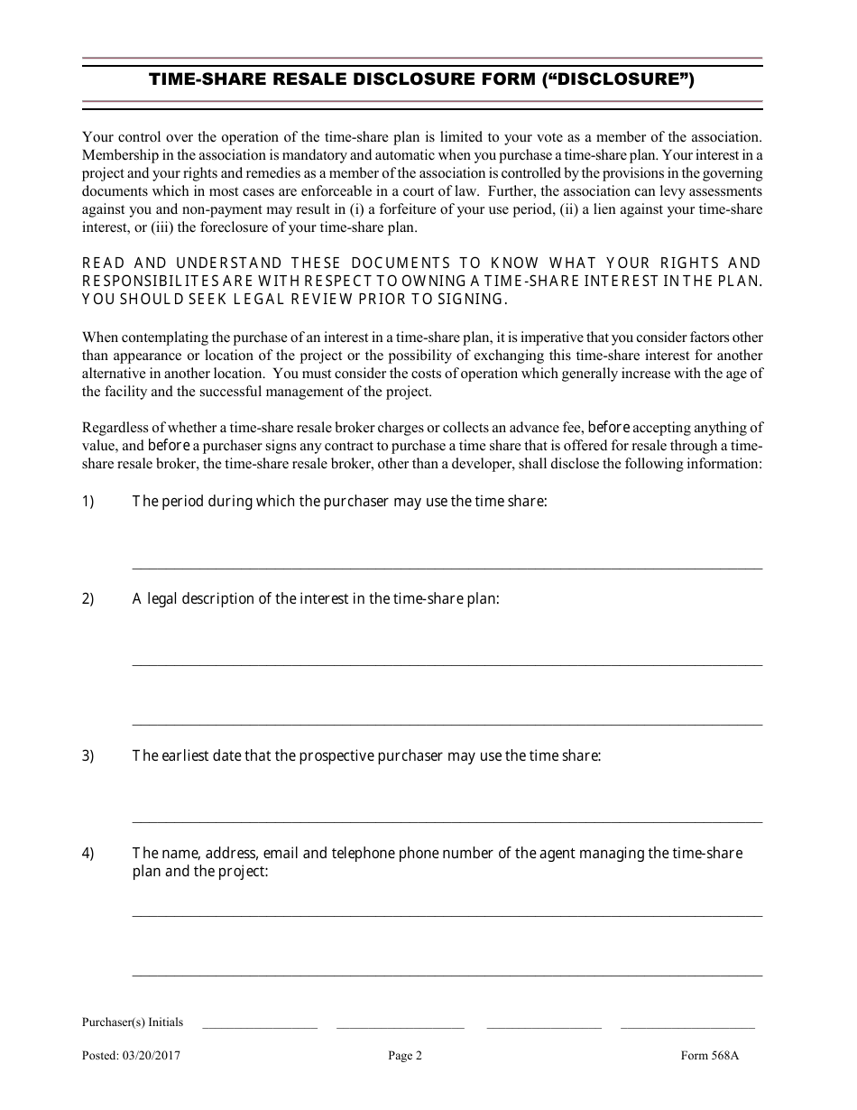 Form 568A Time-Share Resale Disclosure Form - Nevada, Page 2