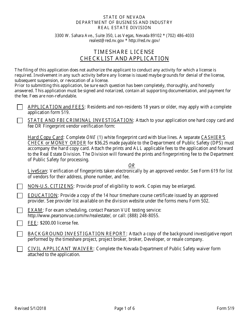 Form 519 Original Timeshare Sales Agent Application - Nevada, Page 1