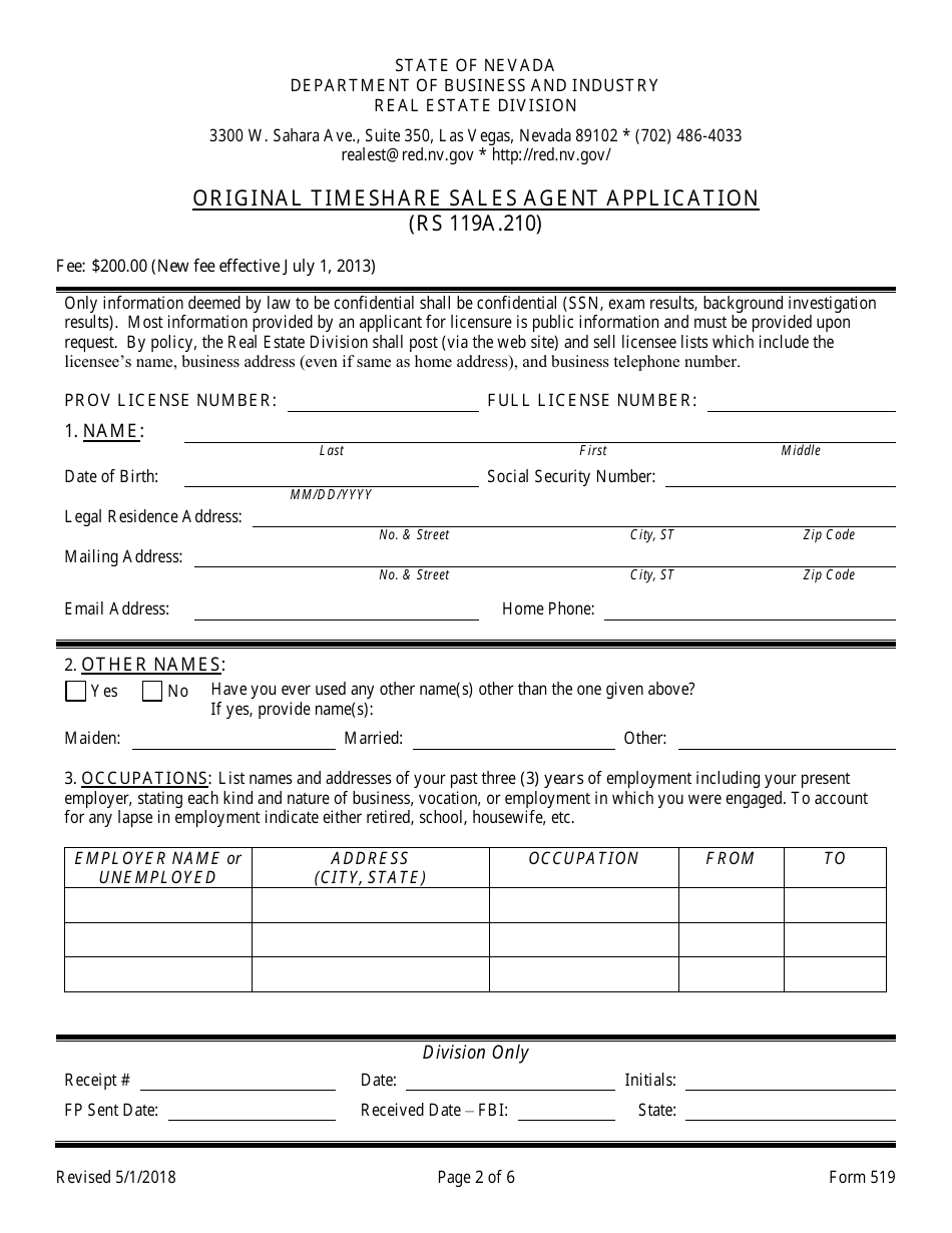 Form 519 Original Timeshare Sales Agent Application - Nevada, Page 2