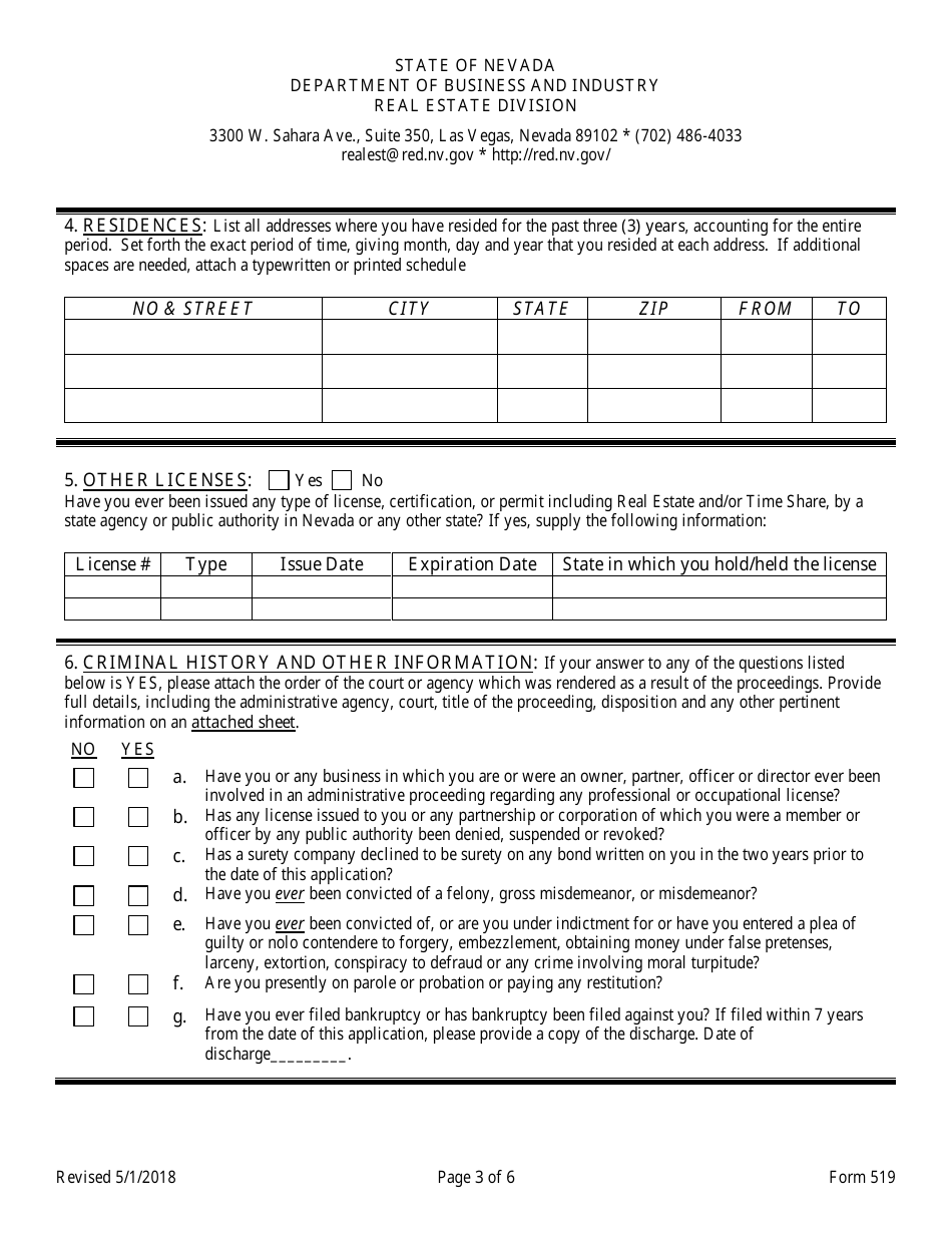 Form 519 Original Timeshare Sales Agent Application - Nevada, Page 3
