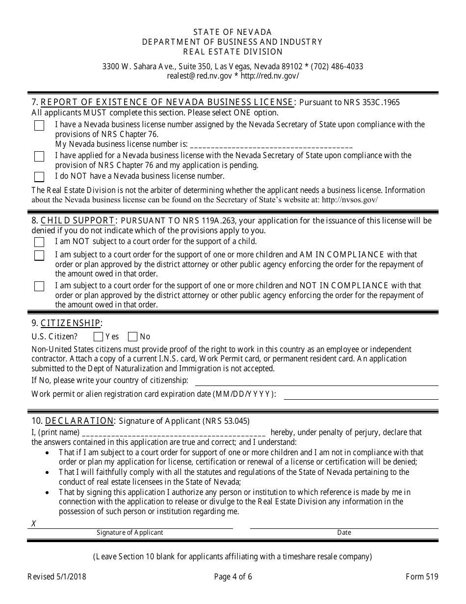 Form 519 Original Timeshare Sales Agent Application - Nevada, Page 4