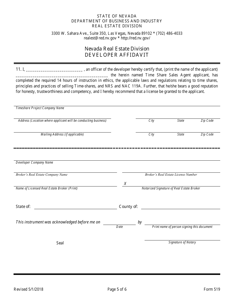 Form 519 Original Timeshare Sales Agent Application - Nevada, Page 5