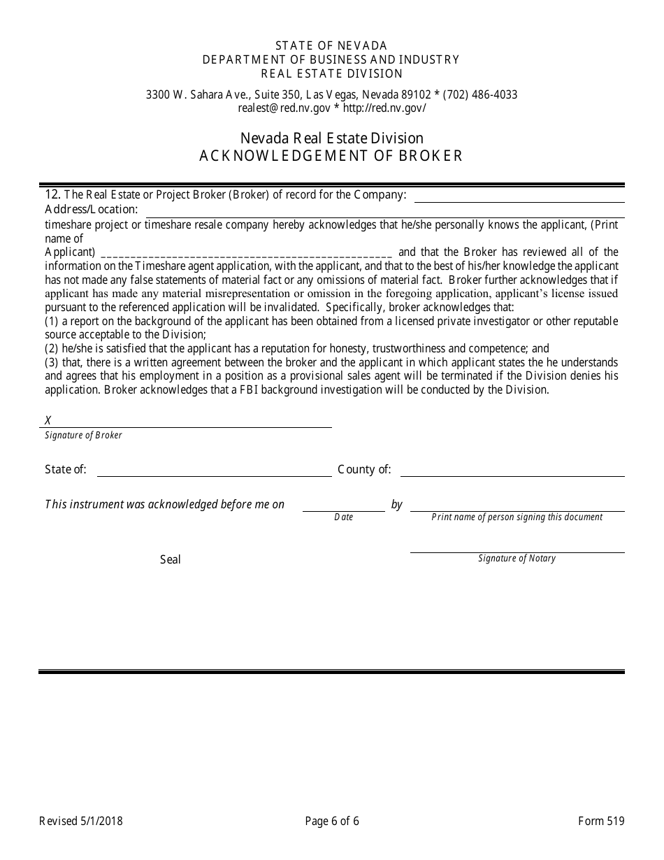 Form 519 Original Timeshare Sales Agent Application - Nevada, Page 6