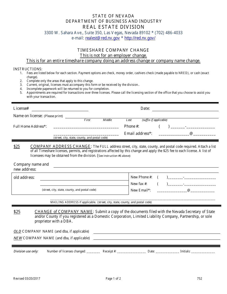 Form 752 Timeshare Company Change Form - Nevada, Page 1