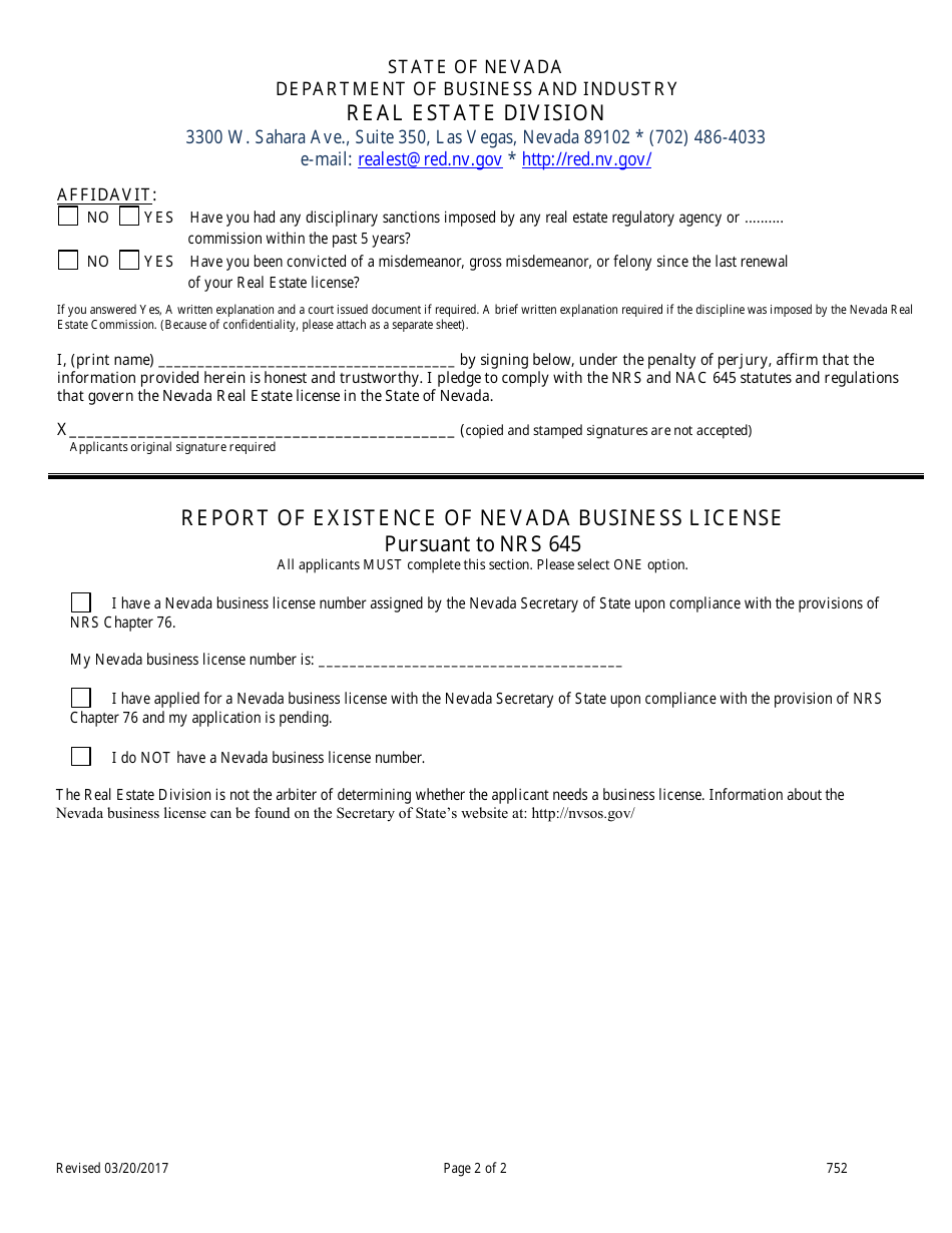 Form 752 Timeshare Company Change Form - Nevada, Page 2
