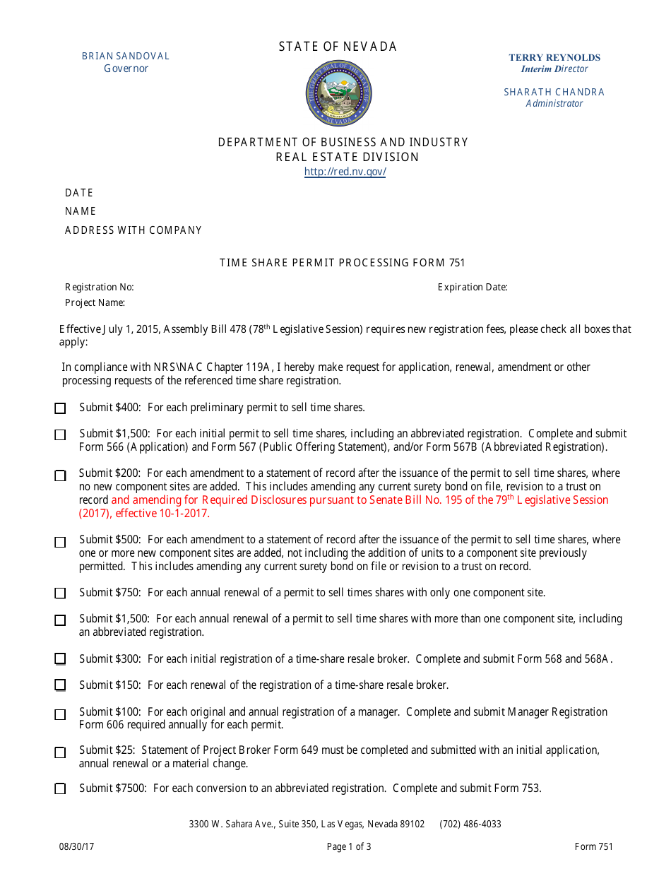 Form 751 Time Share Permit Processing Form - Nevada, Page 1