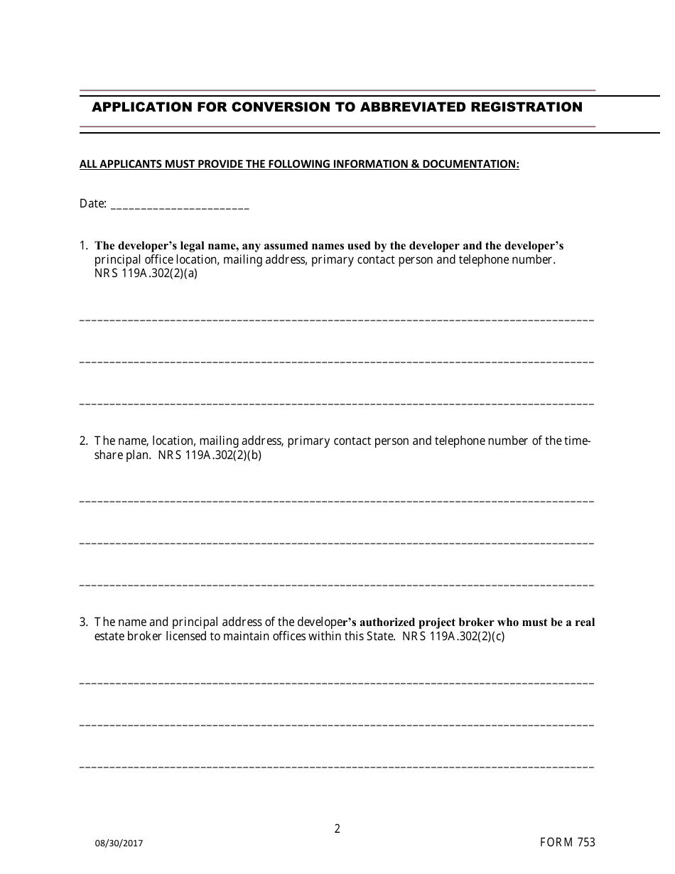 Form 753 Application for Conversion to Abbreviated Registration - Nevada, Page 2