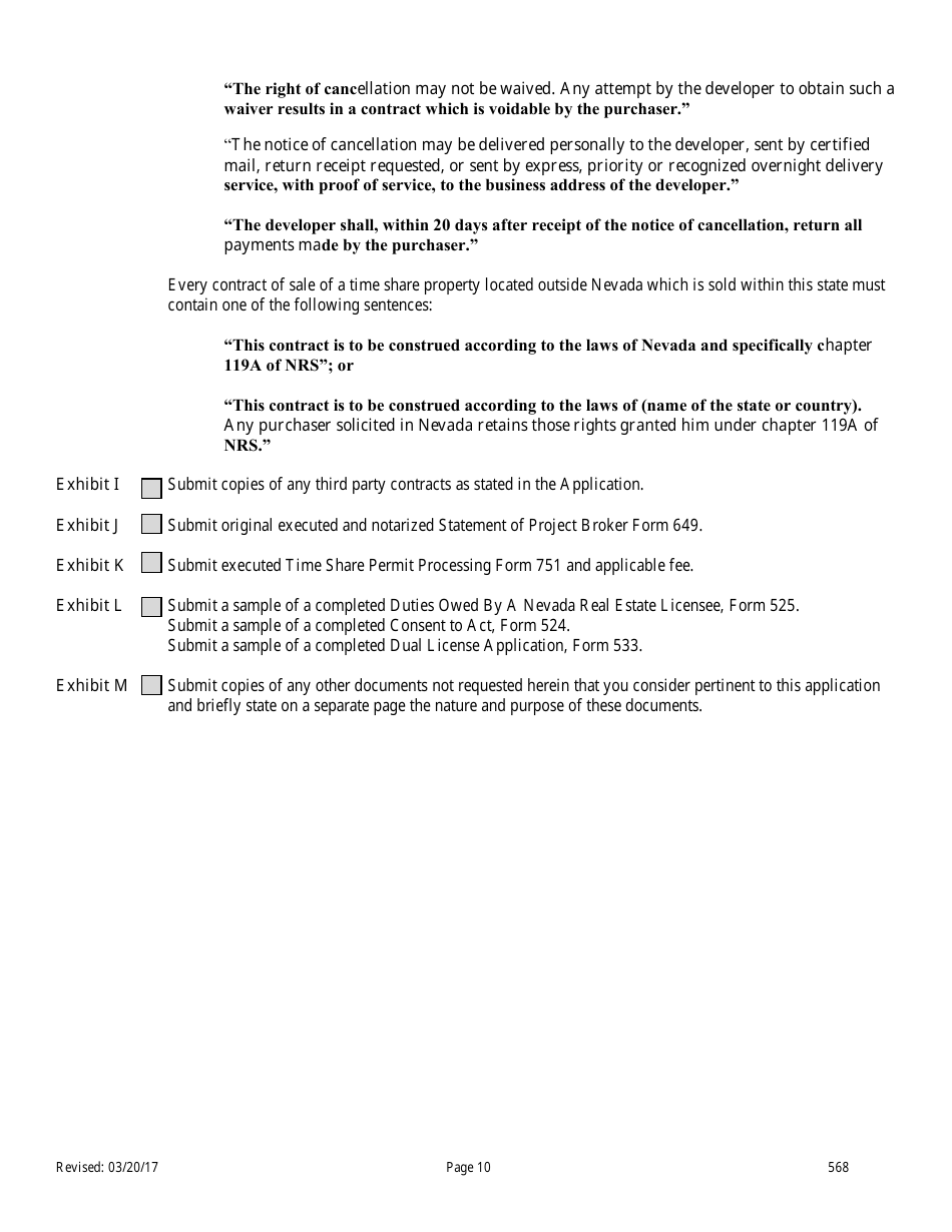 Form 568 Time-Share Resale Broker Application for Registration - Nevada, Page 10