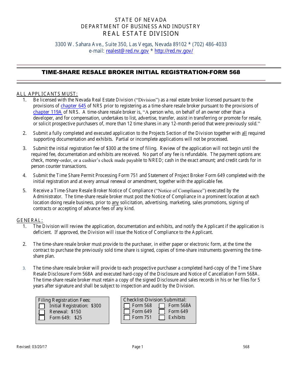 Form 568 Time-Share Resale Broker Application for Registration - Nevada, Page 1