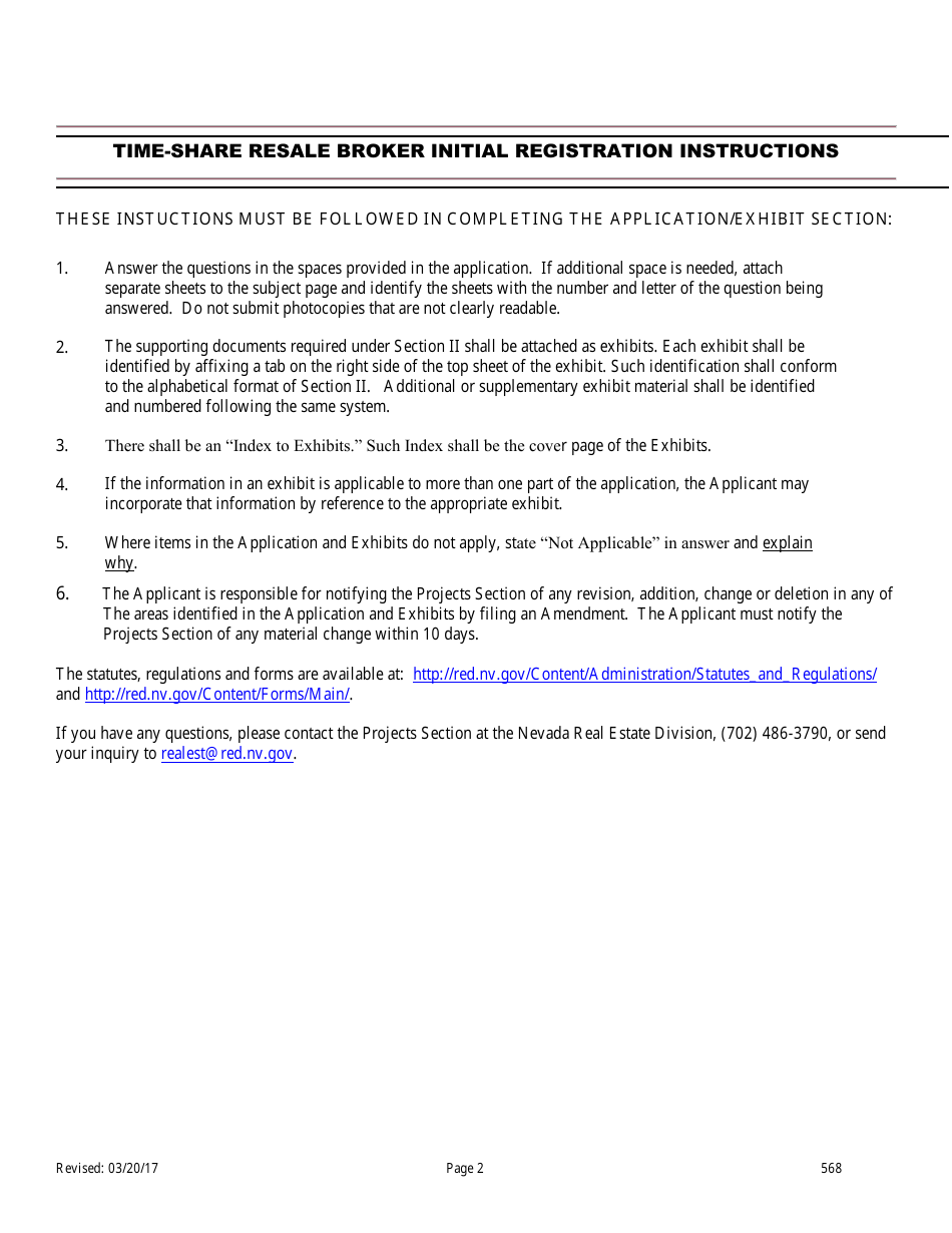 Form 568 Time-Share Resale Broker Application for Registration - Nevada, Page 2