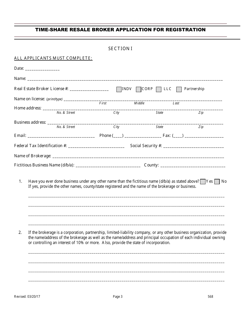 Form 568 Time-Share Resale Broker Application for Registration - Nevada, Page 3