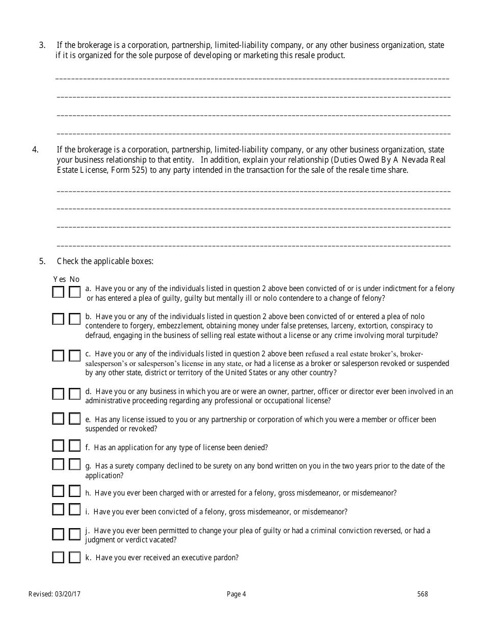 Form 568 Time-Share Resale Broker Application for Registration - Nevada, Page 4