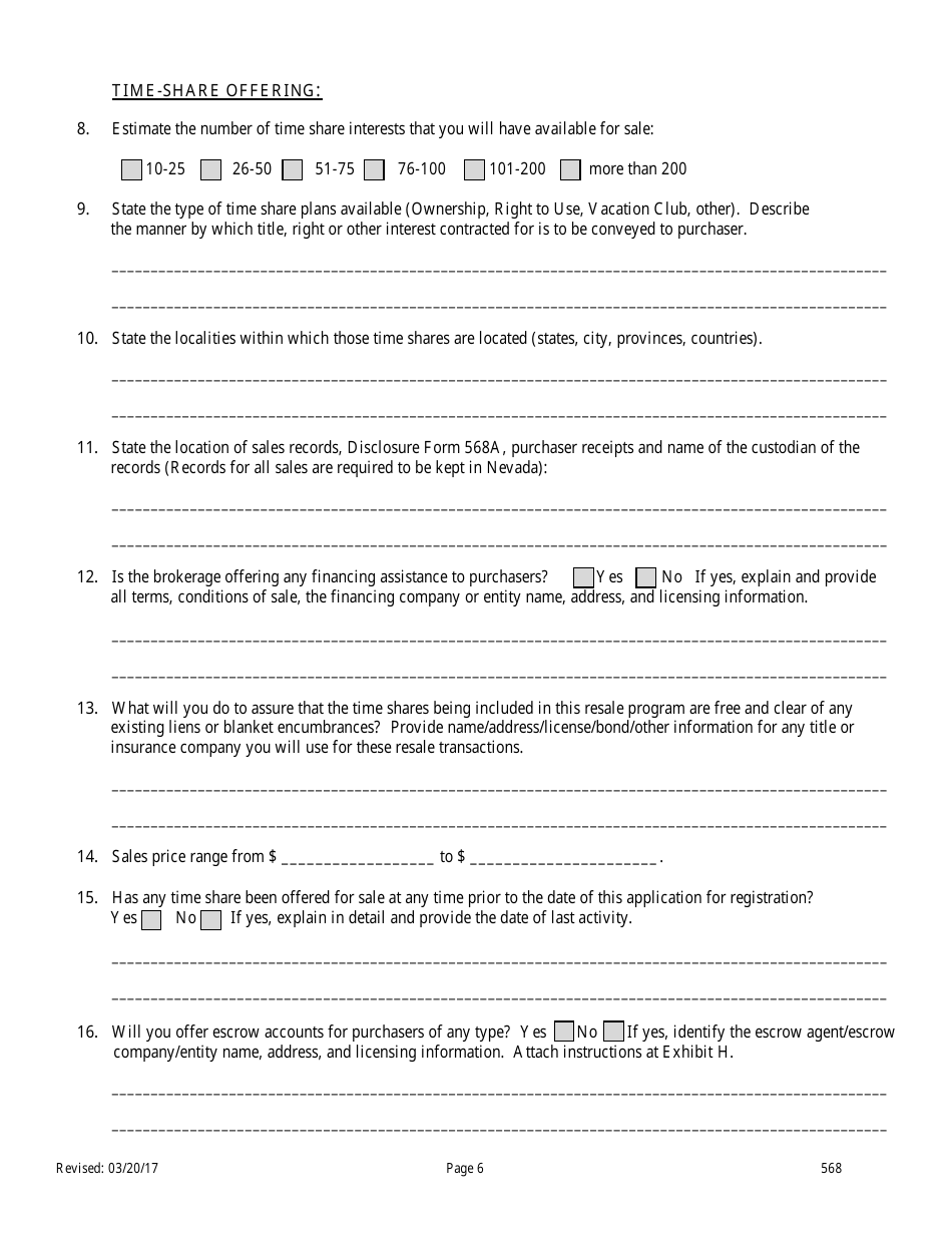Form 568 Time-Share Resale Broker Application for Registration - Nevada, Page 6