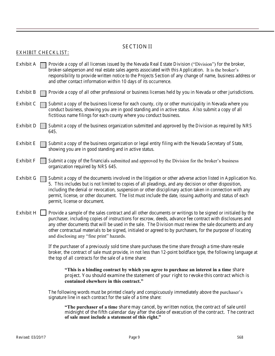 Form 568 Time-Share Resale Broker Application for Registration - Nevada, Page 9