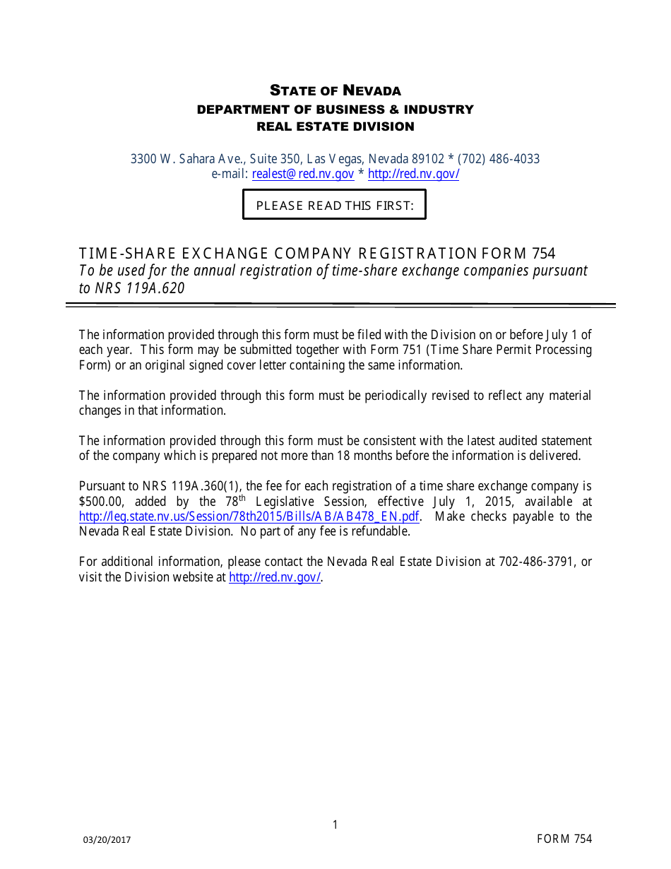 Form 754 Time-Share Exchange Company Registration Form - Nevada, Page 1