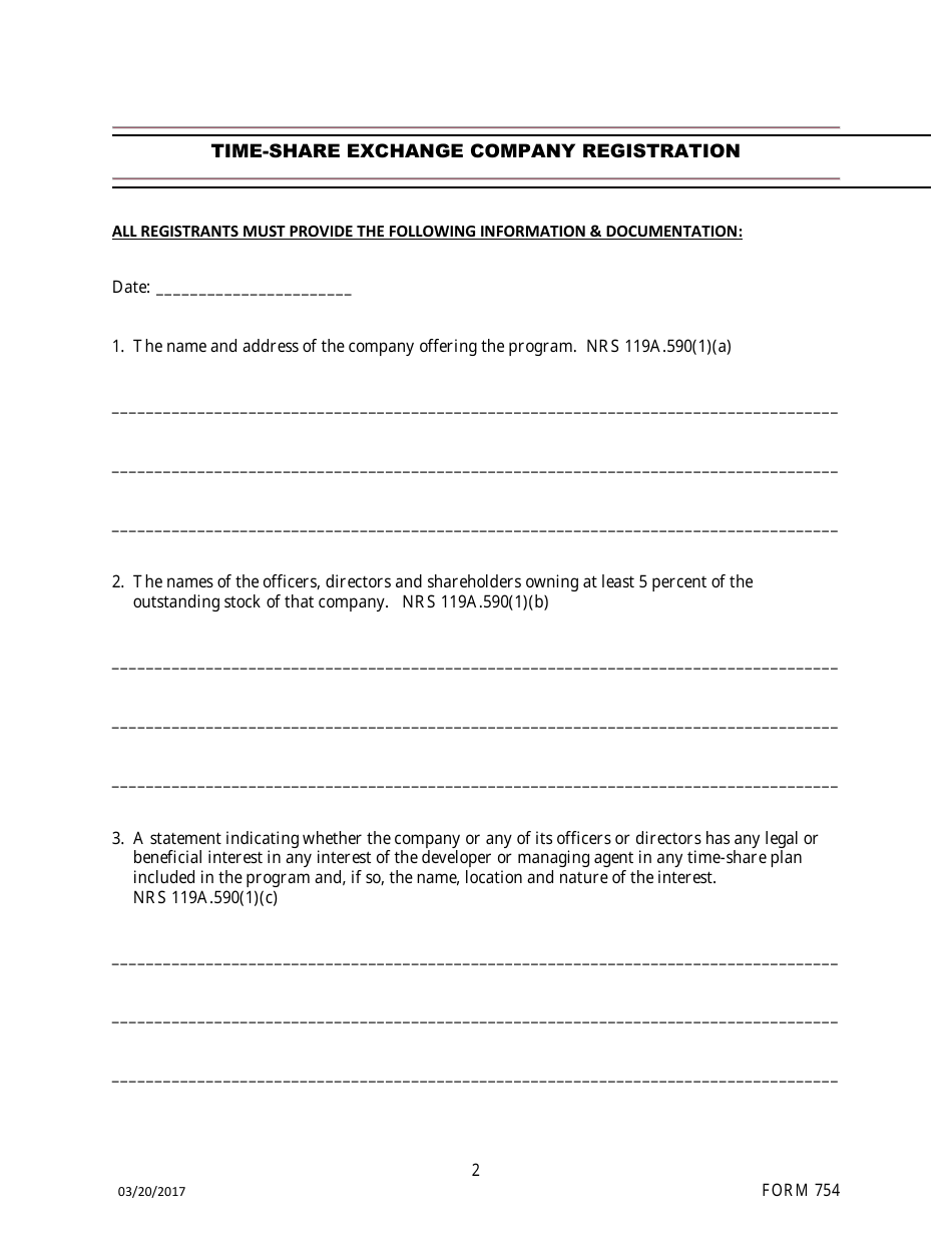 Form 754 Time-Share Exchange Company Registration Form - Nevada, Page 2