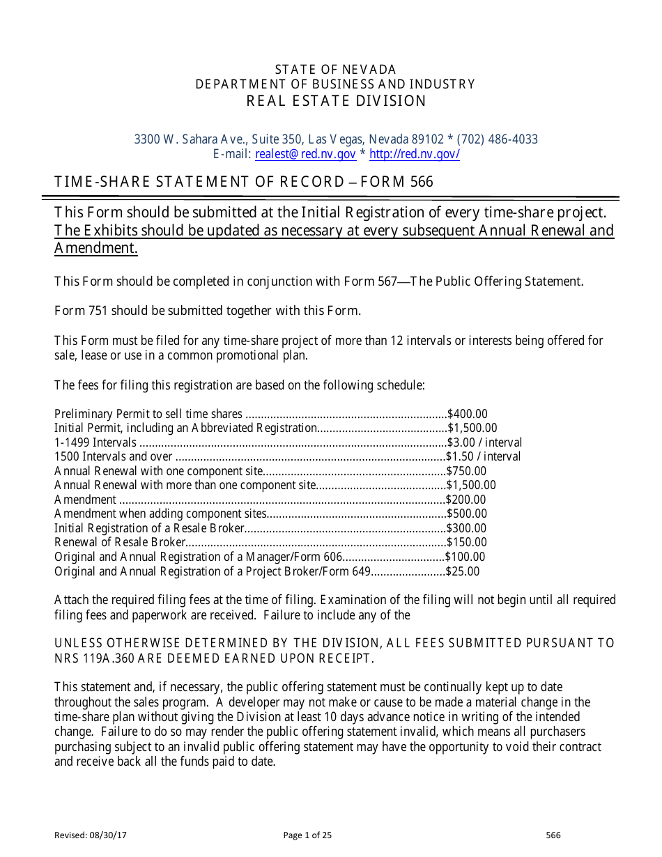 Form 566 Time-Share Statement of Record - Nevada, Page 1