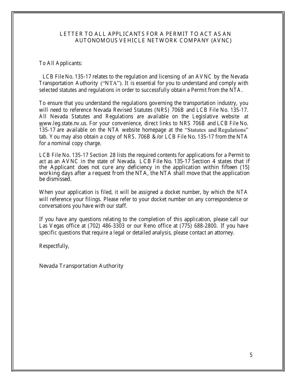Application for a Permit to Act as an Autonomous Vehicle Network Company (Avnc) - Nevada, Page 5
