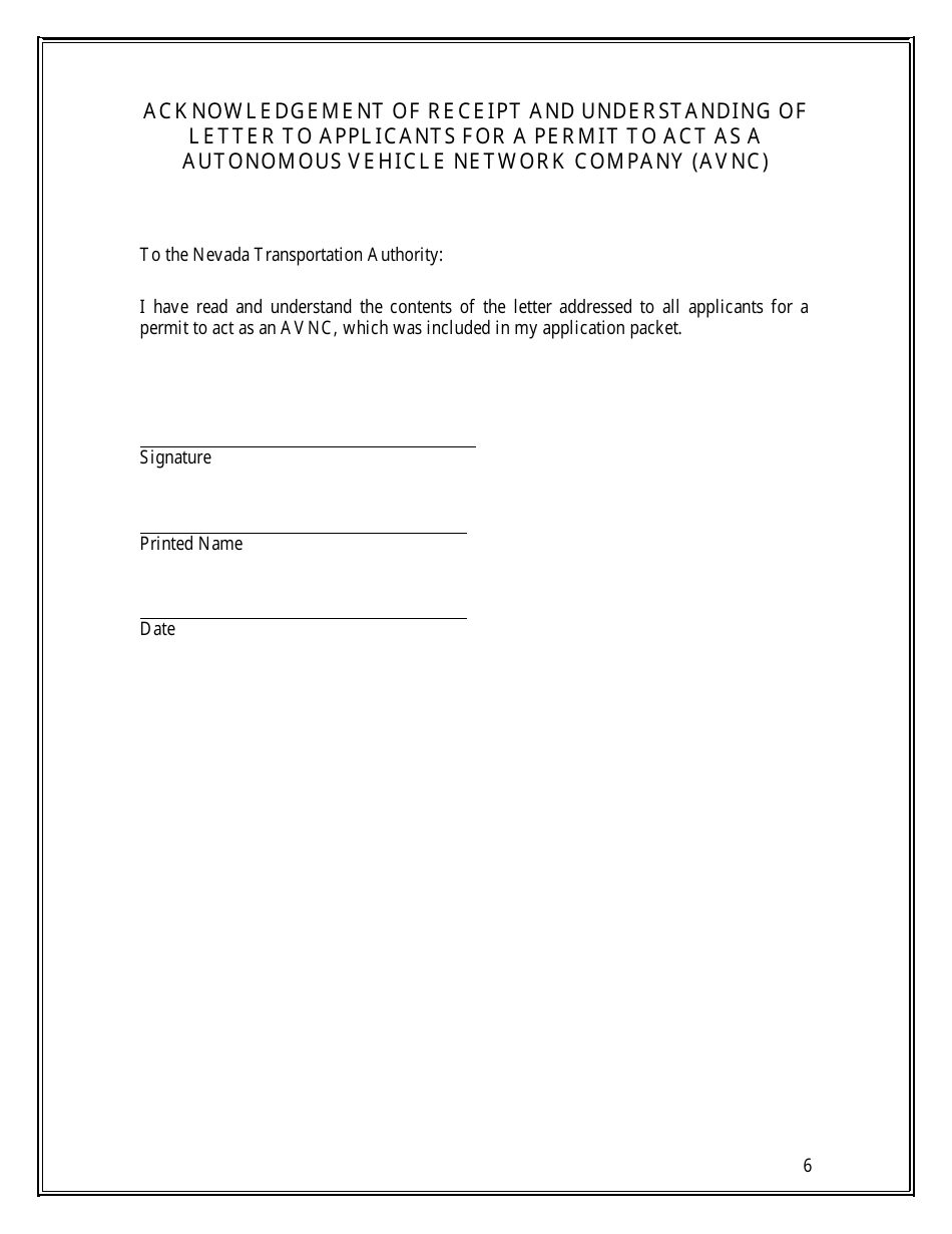 Application for a Permit to Act as an Autonomous Vehicle Network Company (Avnc) - Nevada, Page 6