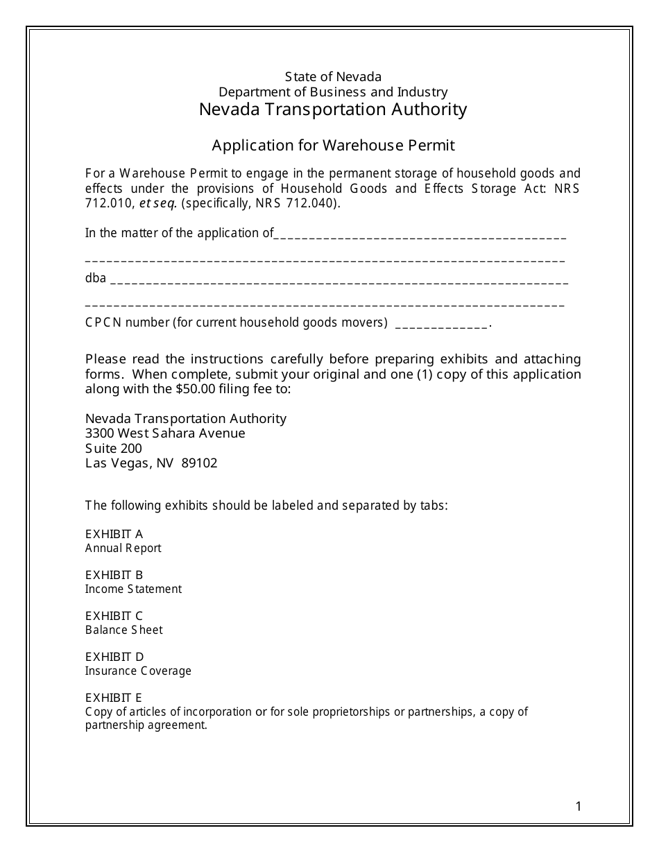 Application for Warehouse Permit - Nevada, Page 1