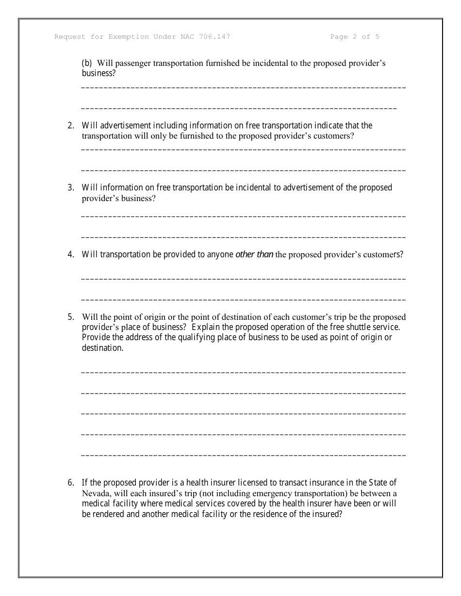 Request for Exemption Under Nac 706.147 Provider of Free Shuttle Service - Nevada, Page 2