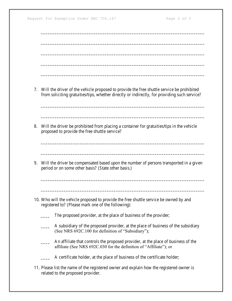 Request for Exemption Under Nac 706.147 Provider of Free Shuttle Service - Nevada, Page 3