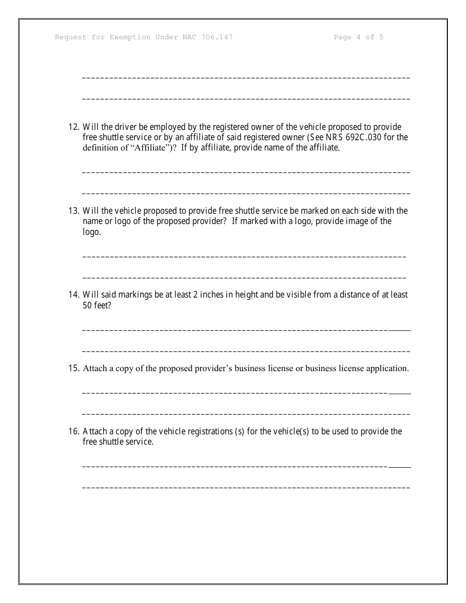 Request for Exemption Under Nac 706.147 Provider of Free Shuttle Service - Nevada, Page 4