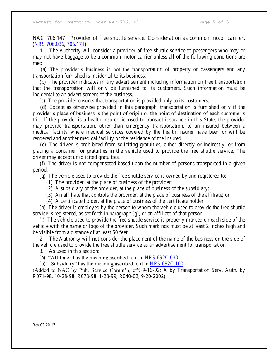 Request for Exemption Under Nac 706.147 Provider of Free Shuttle Service - Nevada, Page 5