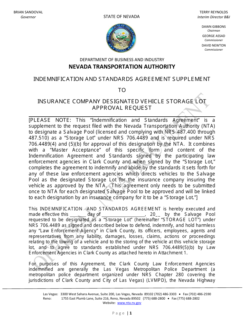 Indemnification and Standards Agreement Supplement Form - Nevada, Page 1