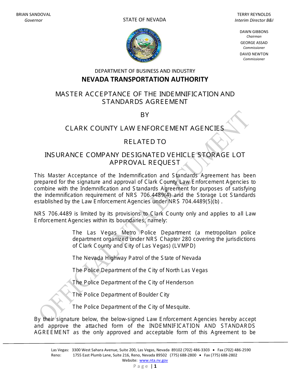 Clark County Law Enforcement Agencies Master Acceptance Form - Nevada, Page 1