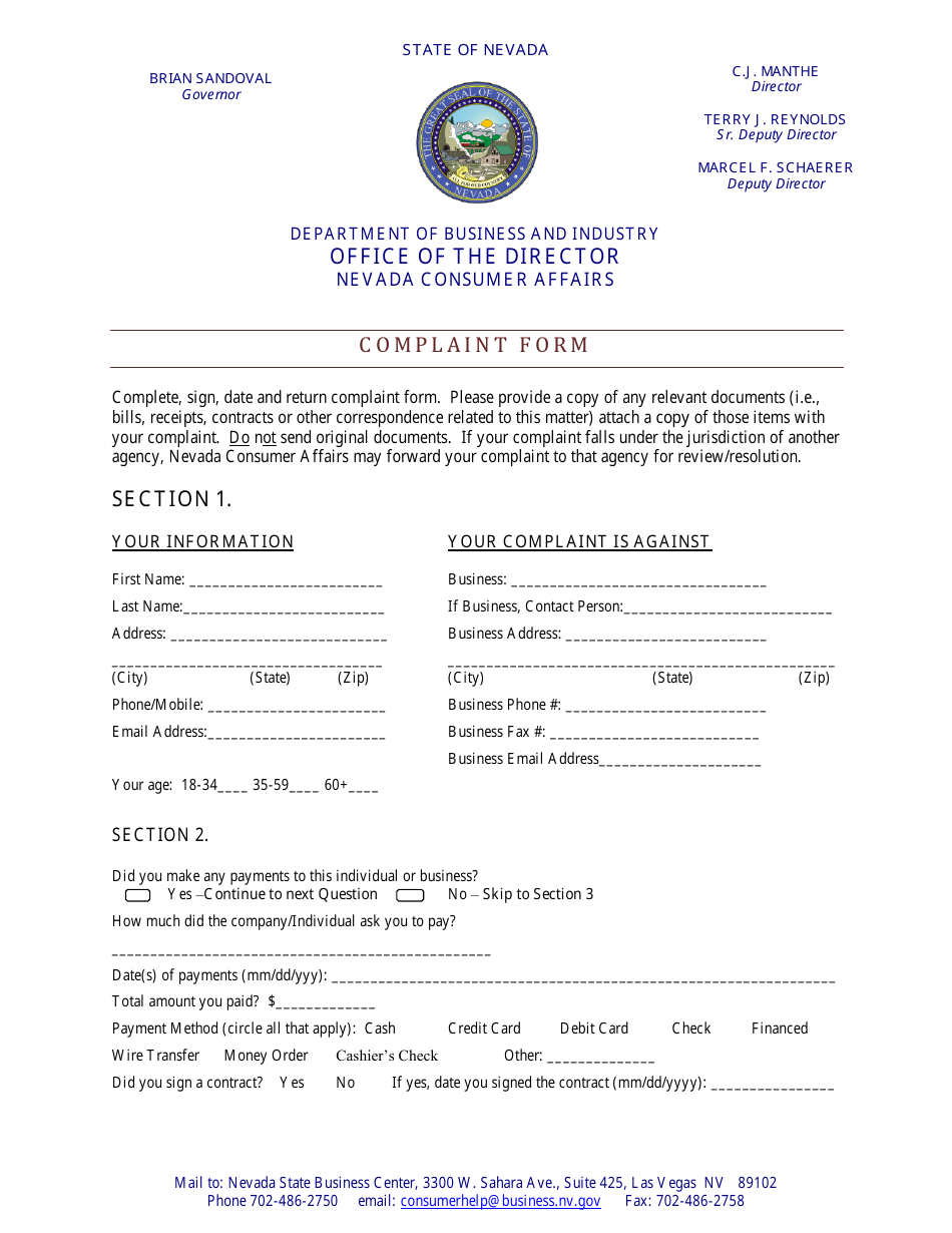 Nevada Complaint Form Fill Out Sign Online and Download PDF