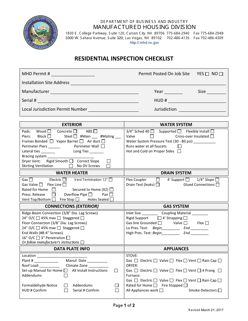 Residential Inspection Checklist - Nevada, Page 1