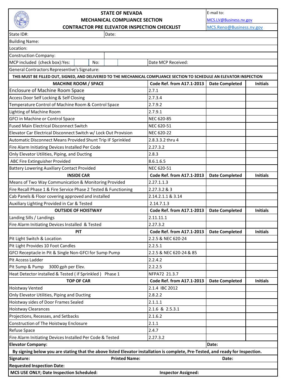 Nevada Elevator Pre-inspection Checklist - Fill Out, Sign Online and ...