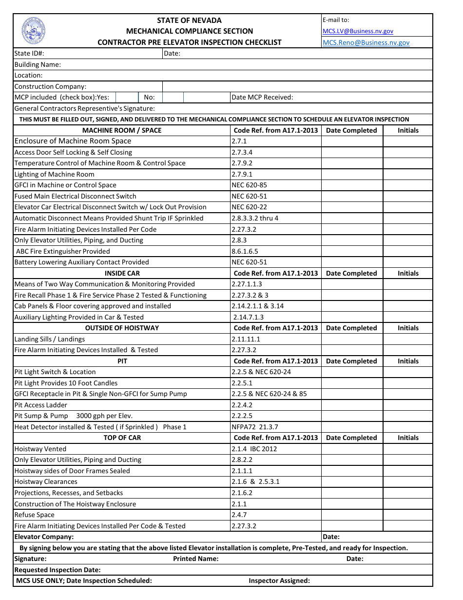 Elevator Pre-inspection Checklist - Nevada, Page 1