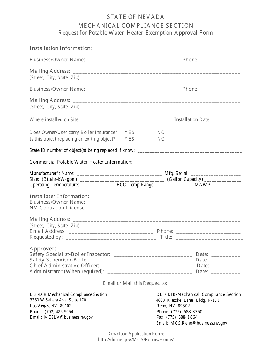 Request for Potable Water Heater Exemption Approval Form - Nevada, Page 1