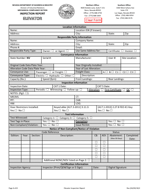 Elevator Inspection Report Form - Nevada