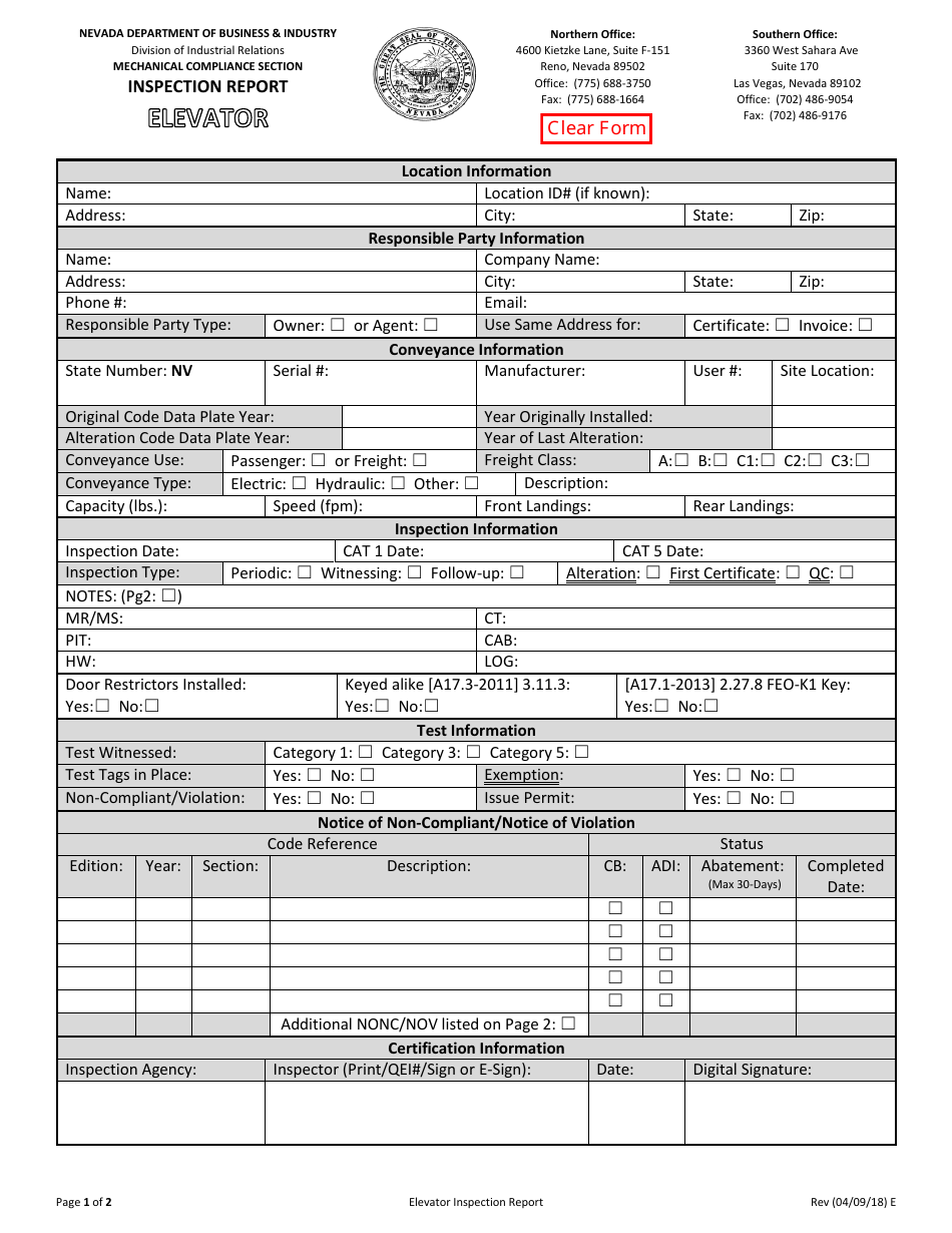 Elevator Inspection Report Form - Nevada, Page 1