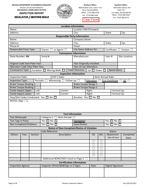 Escalator / Moving Walk Inspection Report Form - Nevada Download Pdf