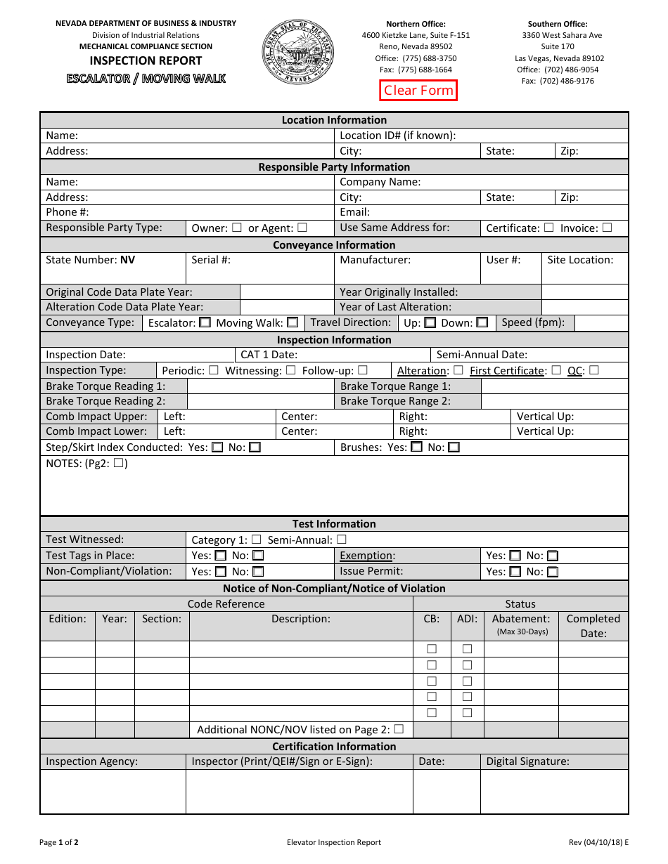Escalator / Moving Walk Inspection Report Form - Nevada, Page 1