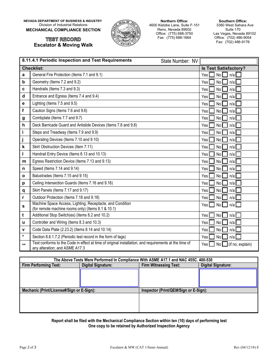 Nevada Category 1 Periodic Escalator & Moving Walk Test Record Form ...