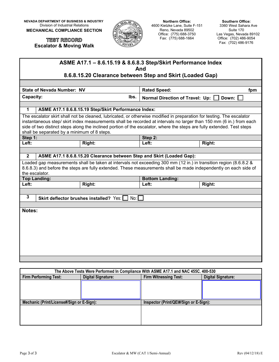 Category 1 Periodic Escalator  Moving Walk Test Record Form - Nevada, Page 3