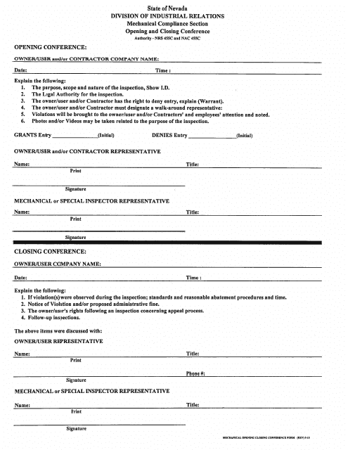 Opening and Closing Conference Form - Nevada Download Pdf